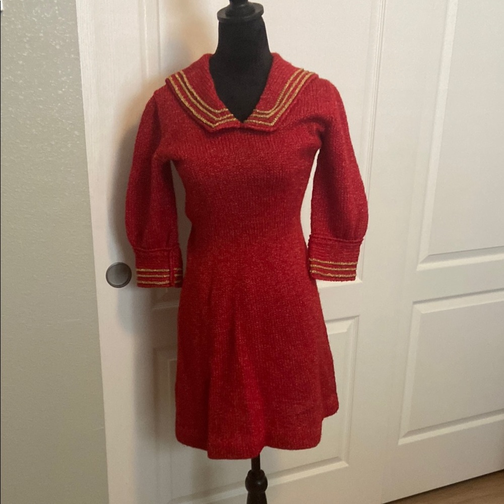 Elegant Red Knit Dress with Gold Accents